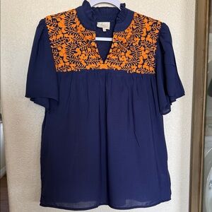 Navy Blouse with Vibrant Orange Embroidery